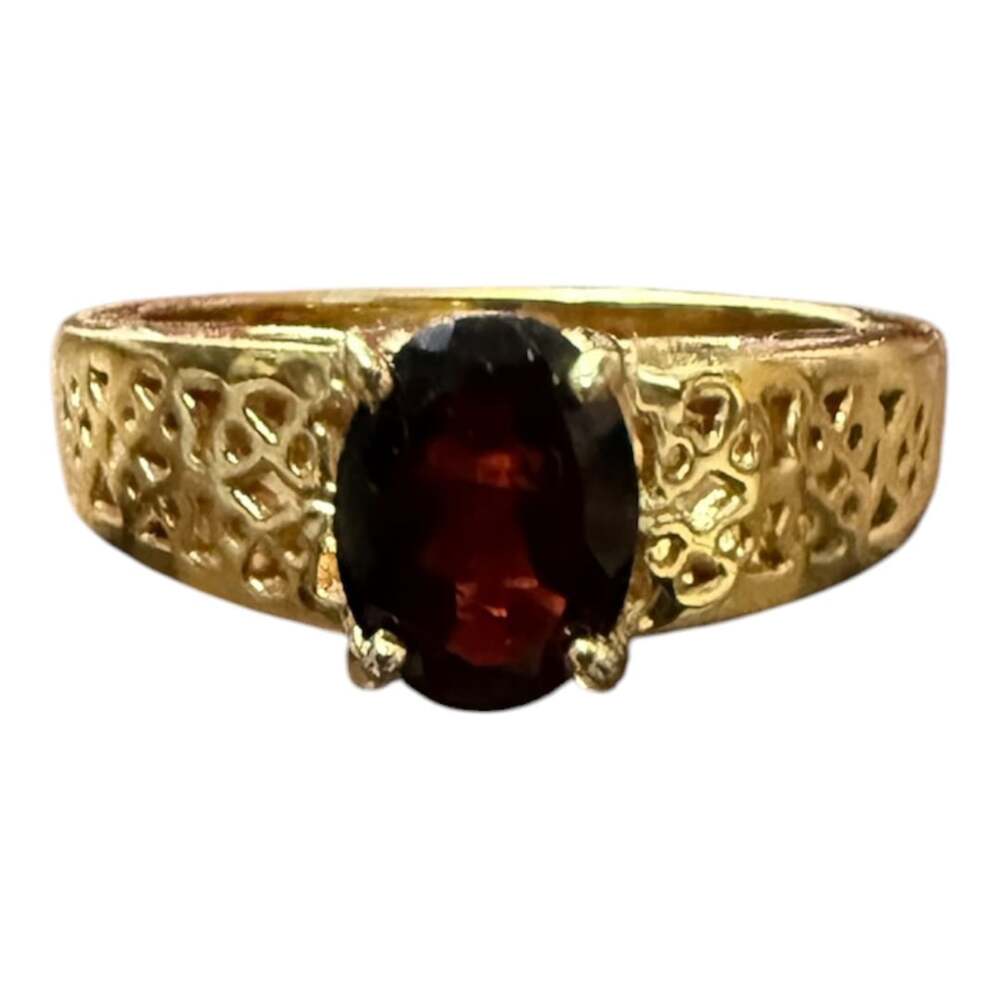 Tourmaline Ornate Vintage Gold Tone Filagree Ring , Size 7